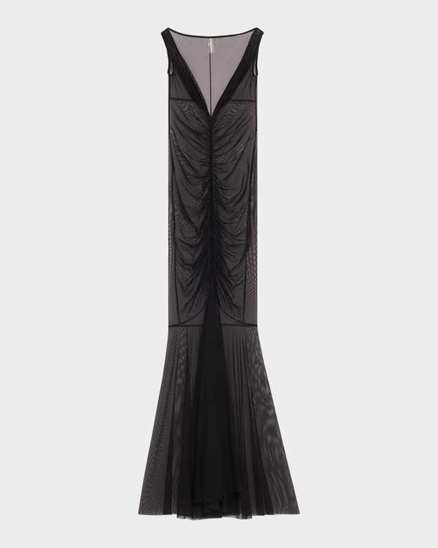 Tara Shirred-Front Fishtail Gown